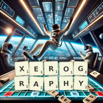 Creative illustration for a Scrabble game with the word XEROGRAPHY spelled out in tiles on the board.