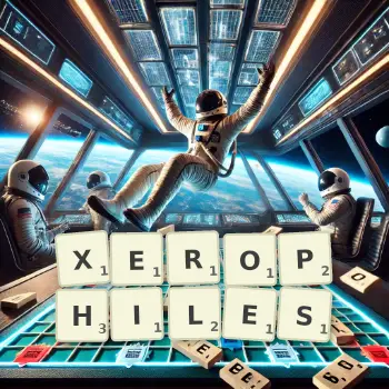 Creative illustration for a Scrabble game with the word XEROPHILES spelled out in tiles on the board.