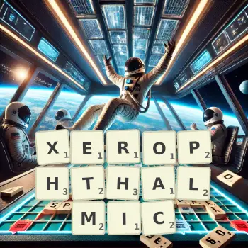 Creative illustration for a Scrabble game with the word XEROPHTHALMIC spelled out in tiles on the board.
