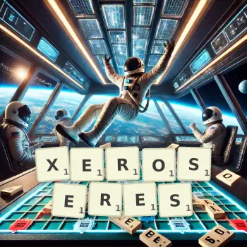 Creative illustration for a Scrabble game with the word XEROSERES spelled out in tiles on the board.