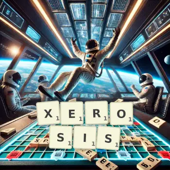 Creative illustration for a Scrabble game with the word XEROSIS spelled out in tiles on the board.