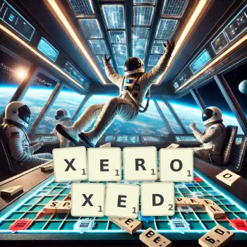 Creative illustration for a Scrabble game with the word XEROXED spelled out in tiles on the board.
