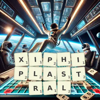 Creative illustration for a Scrabble game with the word XIPHIPLASTRAL spelled out in tiles on the board.
