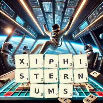 Creative illustration for a Scrabble game with the word XIPHISTERNUMS spelled out in tiles on the board.
