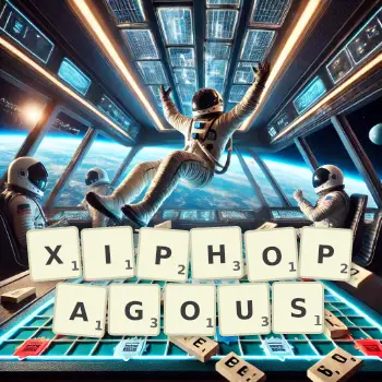 Creative illustration for a Scrabble game with the word XIPHOPAGOUS spelled out in tiles on the board.