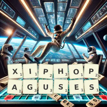 Creative illustration for a Scrabble game with the word XIPHOPAGUSES spelled out in tiles on the board.