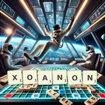Creative illustration for a Scrabble game with the word XOANON spelled out in tiles on the board.