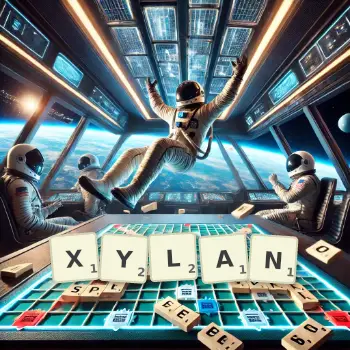 Creative illustration for a Scrabble game with the word XYLAN spelled out in tiles on the board.