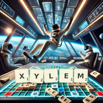 Creative illustration for a Scrabble game with the word XYLEM spelled out in tiles on the board.