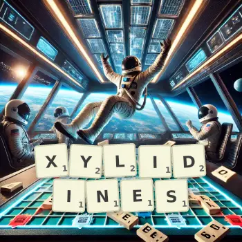 Creative illustration for a Scrabble game with the word XYLIDINES spelled out in tiles on the board.