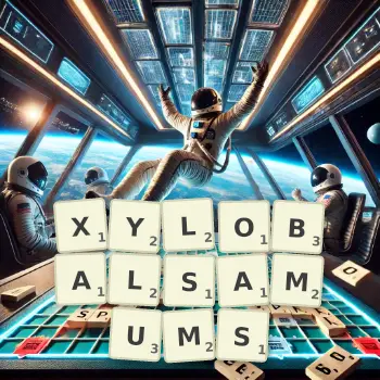 Creative illustration for a Scrabble game with the word XYLOBALSAMUMS spelled out in tiles on the board.