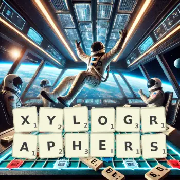 Creative illustration for a Scrabble game with the word XYLOGRAPHERS spelled out in tiles on the board.