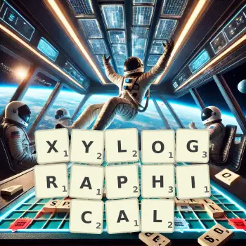 Creative illustration for a Scrabble game with the word XYLOGRAPHICAL spelled out in tiles on the board.