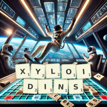 Creative illustration for a Scrabble game with the word XYLOIDINS spelled out in tiles on the board.