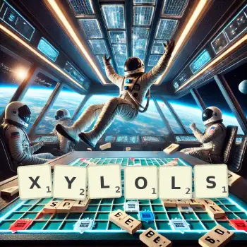 Creative illustration for a Scrabble game with the word XYLOLS spelled out in tiles on the board.