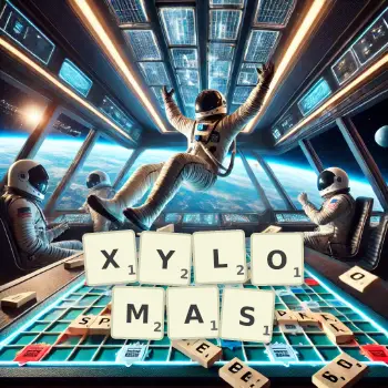 Creative illustration for a Scrabble game with the word XYLOMAS spelled out in tiles on the board.