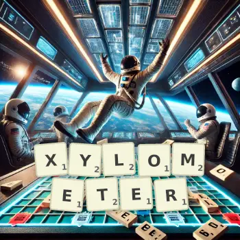 Creative illustration for a Scrabble game with the word XYLOMETER spelled out in tiles on the board.