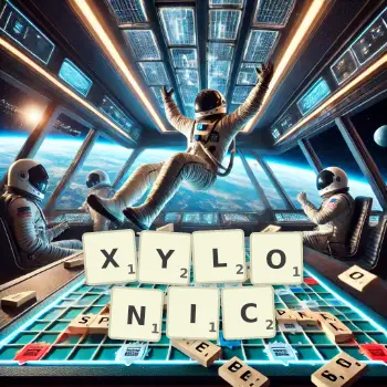 Creative illustration for a Scrabble game with the word XYLONIC spelled out in tiles on the board.