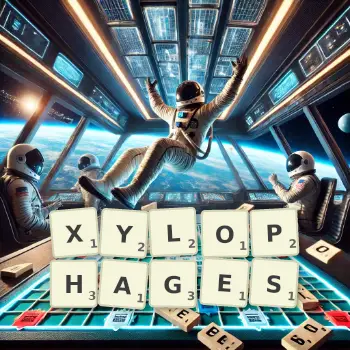 Creative illustration for a Scrabble game with the word XYLOPHAGES spelled out in tiles on the board.