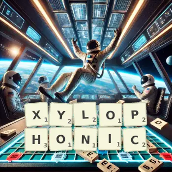 Creative illustration for a Scrabble game with the word XYLOPHONIC spelled out in tiles on the board.