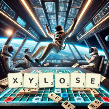 Creative illustration for a Scrabble game with the word XYLOSE spelled out in tiles on the board.