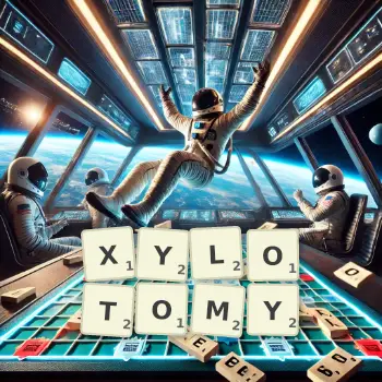Creative illustration for a Scrabble game with the word XYLOTOMY spelled out in tiles on the board.