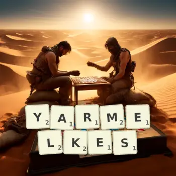 Creative illustration for a Scrabble game with the word YARMELKES spelled out in tiles on the board.