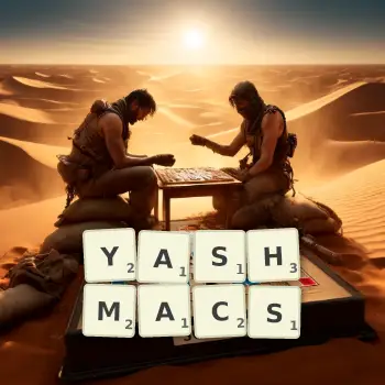 Creative illustration for a Scrabble game with the word YASHMACS spelled out in tiles on the board.