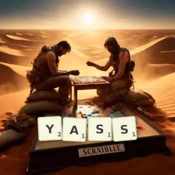 Creative illustration for a Scrabble game with the word YASS spelled out in tiles on the board.