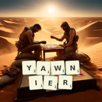 Creative illustration for a Scrabble game with the word YAWNIER spelled out in tiles on the board.