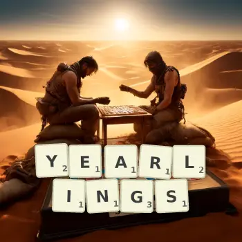 Creative illustration for a Scrabble game with the word YEARLINGS spelled out in tiles on the board.