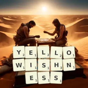 Creative illustration for a Scrabble game with the word YELLOWISHNESS spelled out in tiles on the board.