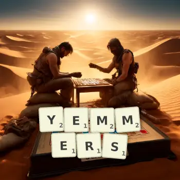 Creative illustration for a Scrabble game with the word YEMMERS spelled out in tiles on the board.