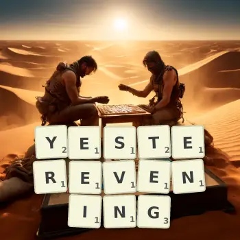 Creative illustration for a Scrabble game with the word YESTEREVENING spelled out in tiles on the board.