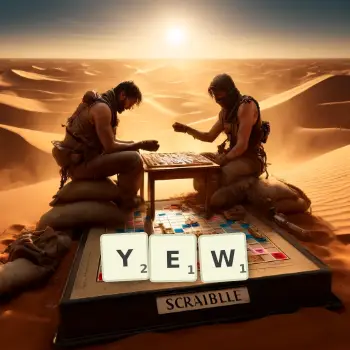 Creative illustration for a Scrabble game with the word YEW spelled out in tiles on the board.