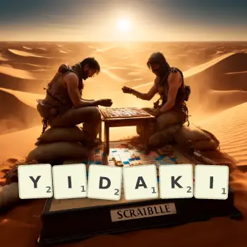Creative illustration for a Scrabble game with the word YIDAKI spelled out in tiles on the board.