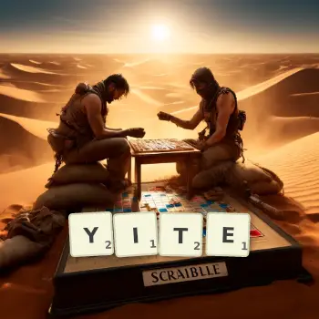 Creative illustration for a Scrabble game with the word YITE spelled out in tiles on the board.