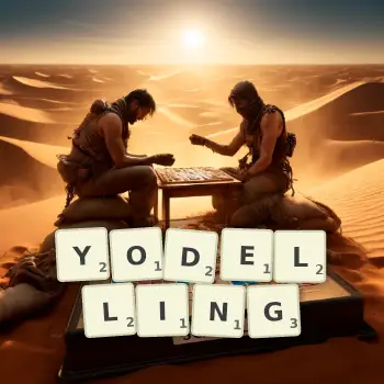 Creative illustration for a Scrabble game with the word YODELLING spelled out in tiles on the board.