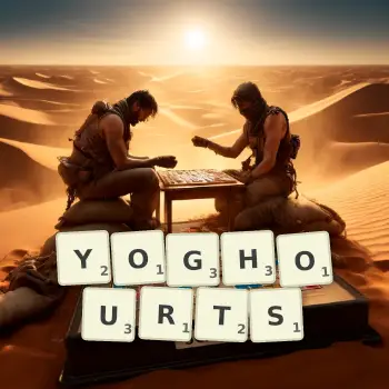 Creative illustration for a Scrabble game with the word YOGHOURTS spelled out in tiles on the board.