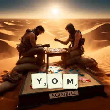 Creative illustration for a Scrabble game with the word YOM spelled out in tiles on the board.
