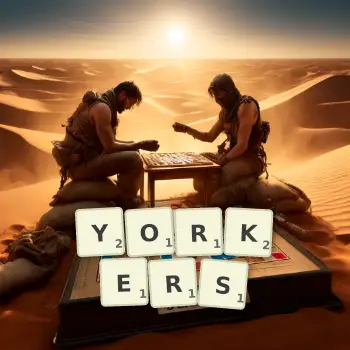 Creative illustration for a Scrabble game with the word YORKERS spelled out in tiles on the board.