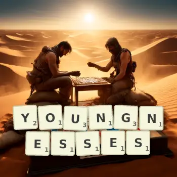 Creative illustration for a Scrabble game with the word YOUNGNESSES spelled out in tiles on the board.