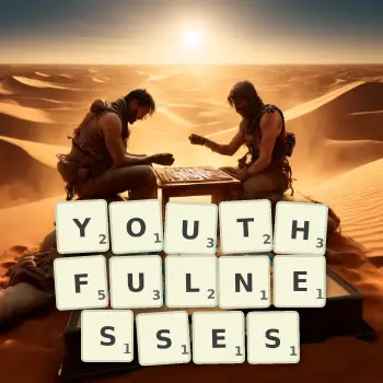 Creative illustration for a Scrabble game with the word YOUTHFULNESSES spelled out in tiles on the board.