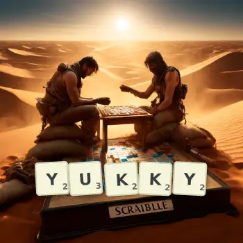 Creative illustration for a Scrabble game with the word YUKKY spelled out in tiles on the board.