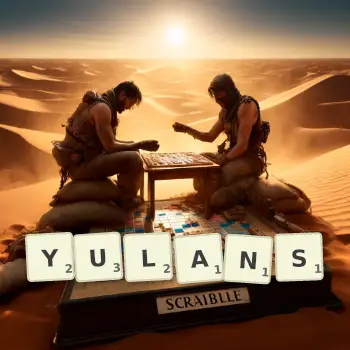 Creative illustration for a Scrabble game with the word YULANS spelled out in tiles on the board.