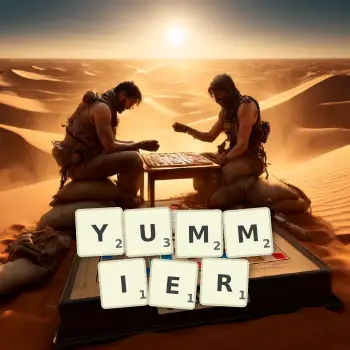 Creative illustration for a Scrabble game with the word YUMMIER spelled out in tiles on the board.