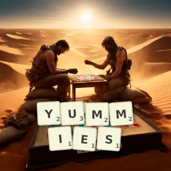 Creative illustration for a Scrabble game with the word YUMMIES spelled out in tiles on the board.