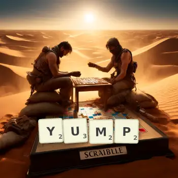 Creative illustration for a Scrabble game with the word YUMP spelled out in tiles on the board.