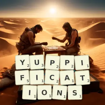 Creative illustration for a Scrabble game with the word YUPPIFICATIONS spelled out in tiles on the board.