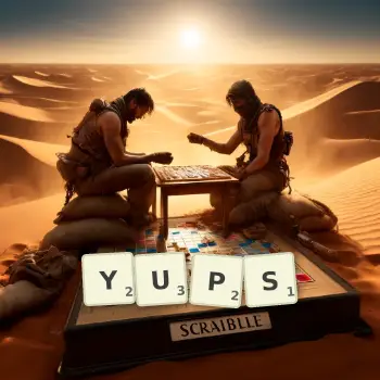 Creative illustration for a Scrabble game with the word YUPS spelled out in tiles on the board.